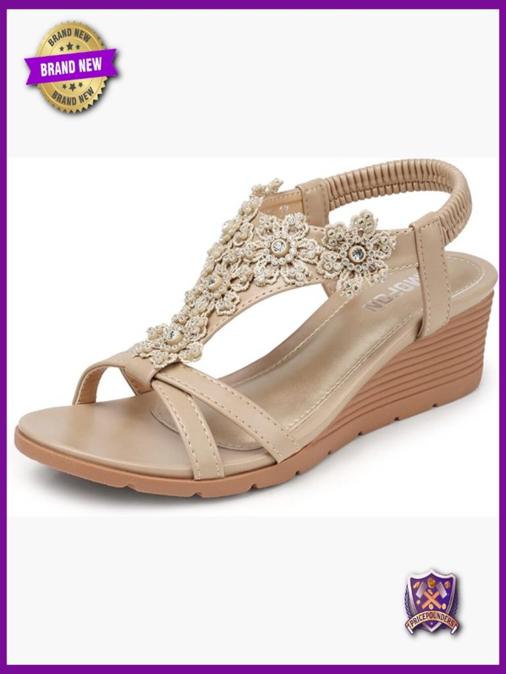 Low Wedge Heel Sandals with Floral Rhinestones and Elastic Ankle Strap